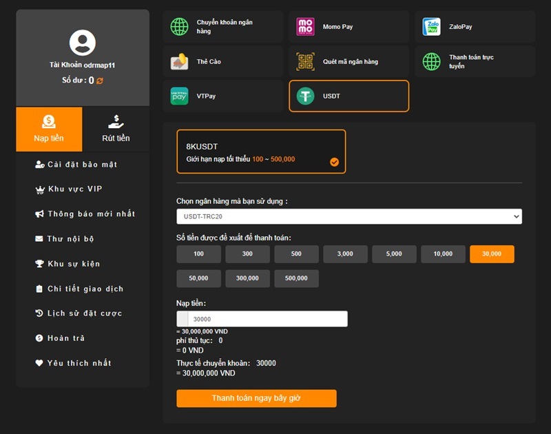 Nhà cái 8Kbet hỗ trợ nạp tiền bằng USDT