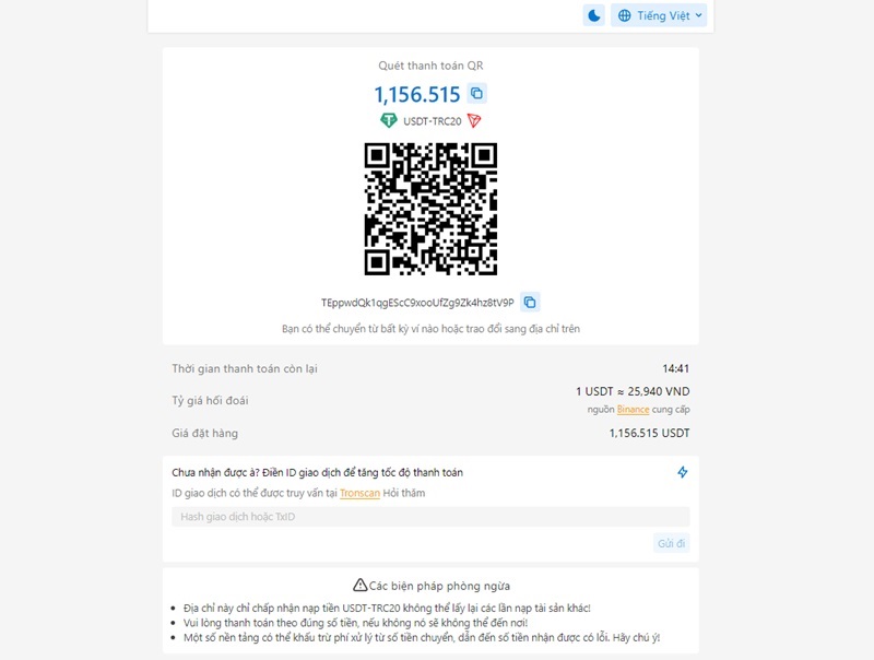 Quét mã QR ví của 8Kbet rồi chuyển USDT vào đó là xong